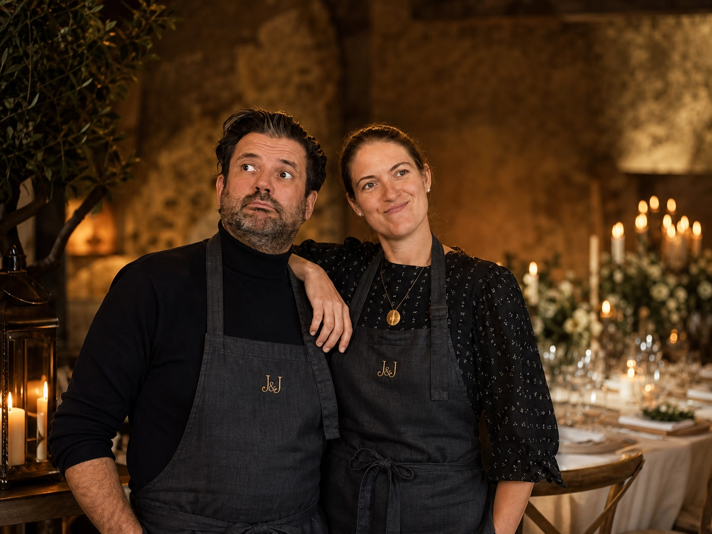 Les deux fondateurs de J&J Traiteur en tablier devant une table dressée