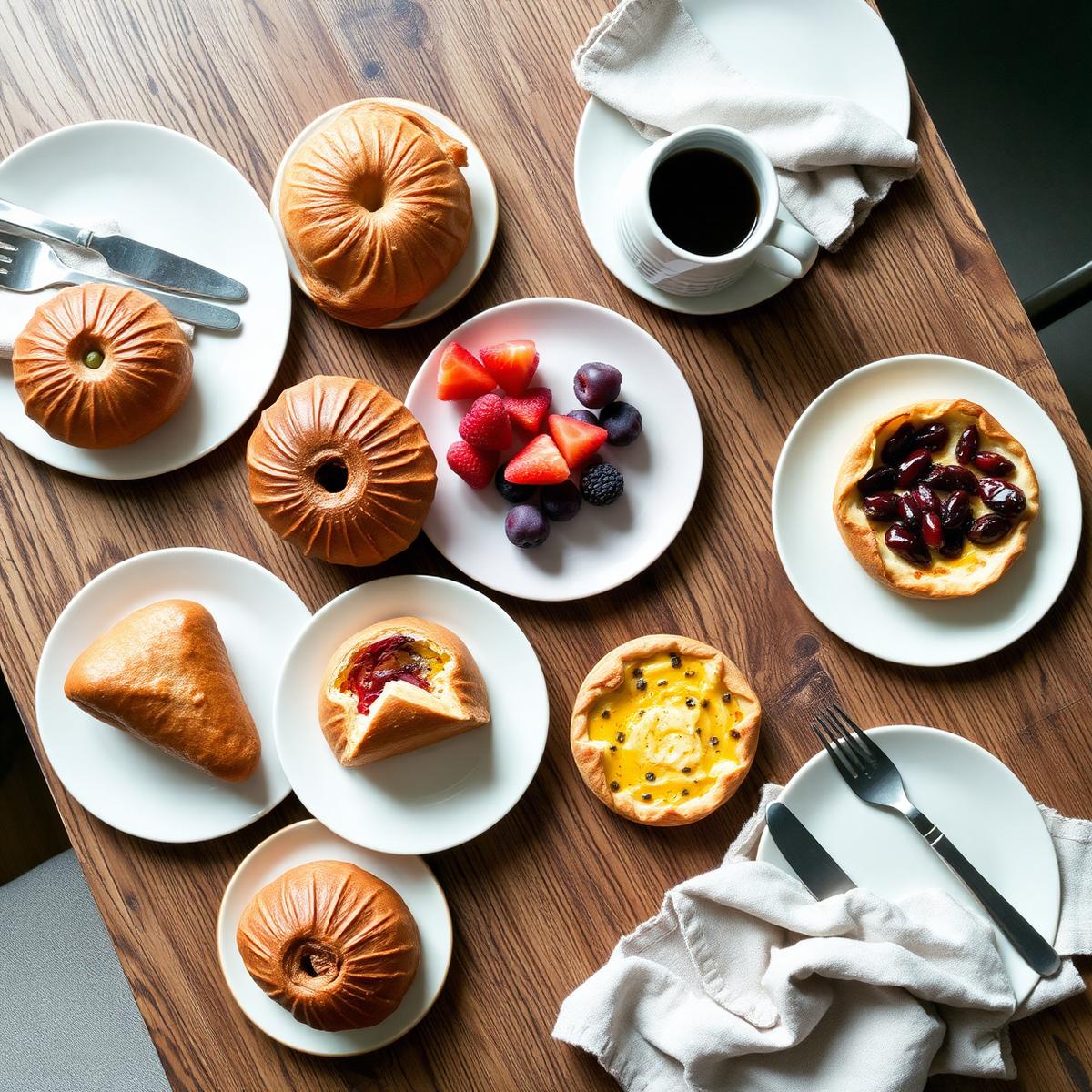 Table de brunch avec viennoiseries, fruits frais, tartes salées et café