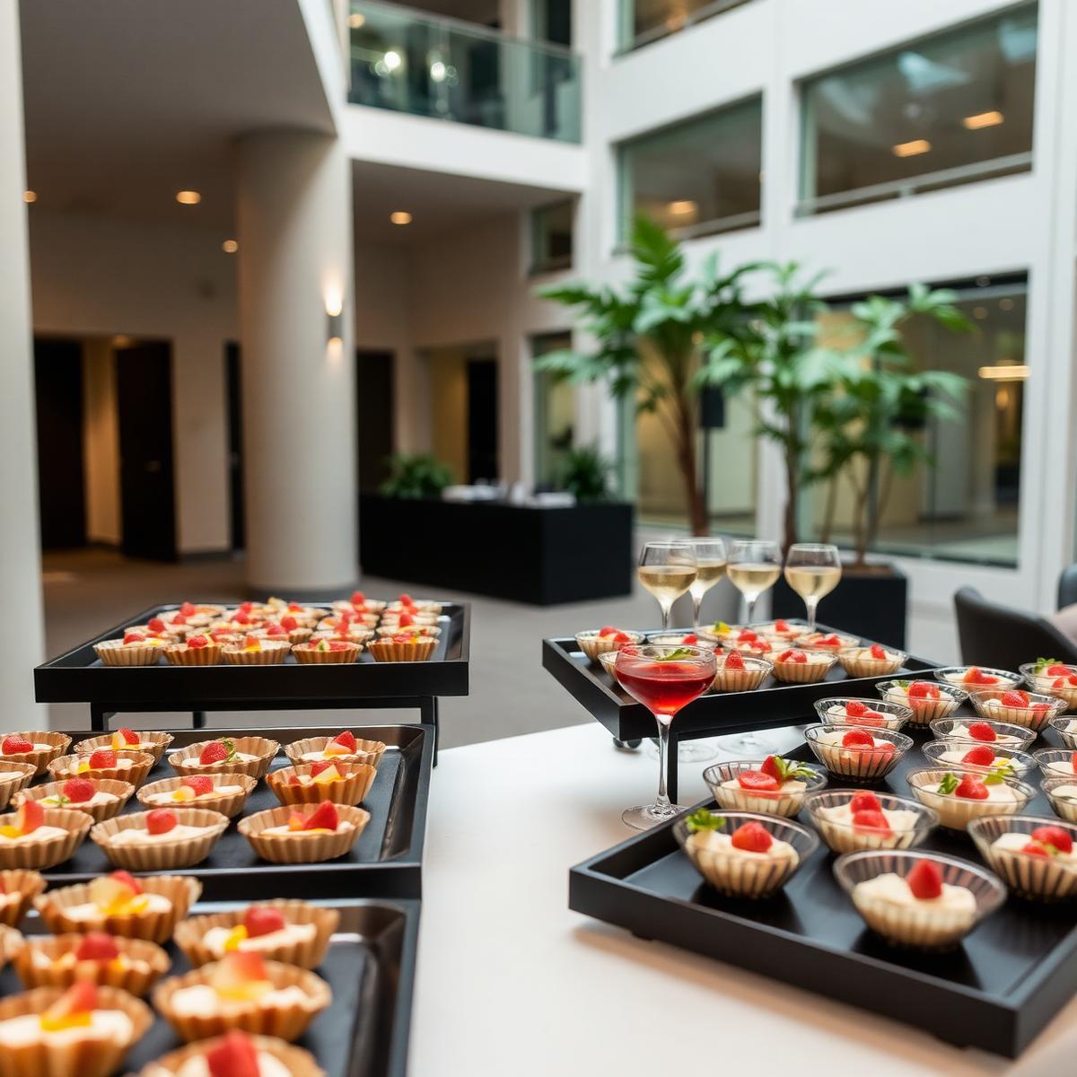 Plateaux de bouchées et verrines dressés pour un cocktail d'entreprise