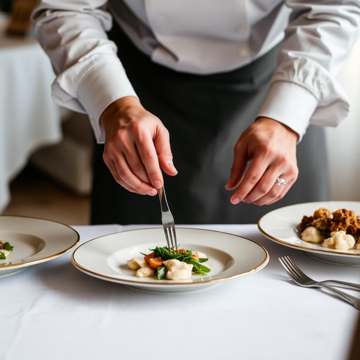 Dressage d'une assiette de mariage sur nappe blanche